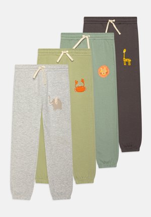 Set aus vier Paar Kinder-Jogginghosen: grau, grün, khaki und dunkelgrau, jeweils mit Tierstickerei. Verstellbare Kordelzugtaille.
