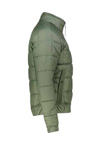 Kurtka ocieplana w kolorze oliwkowym, z wysokim kołnierzem, zapięciem na zamek i bocznymi kieszeniami z guzikami. Gładka faktura z pikowanym wzorem.