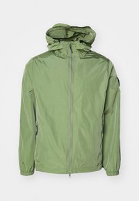 Lightweight, hooded jacket in a light green color, featuring elastic cuffs, a front zip closure, and a subtle sheen. Two side pockets included.