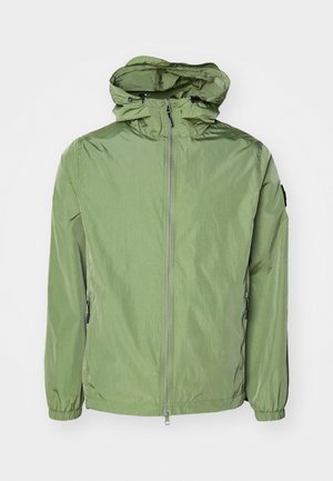 Lightweight, hooded jacket in a light green color, featuring elastic cuffs, a front zip closure, and a subtle sheen. Two side pockets included.