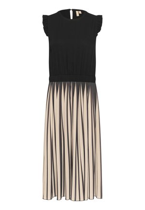 Schwarzes Kleid mit einem fließenden, gestreiften beigen Rock. Mit rüschierten Ärmeln, einem Schlüsselaugenrücken und einem elastischen Bund für eine figurschmeichelnde Passform.