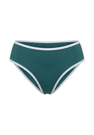 Slip bikini turchese con bordo bianco lungo la vita e le aperture delle gambe, mostrato su uno sfondo bianco.