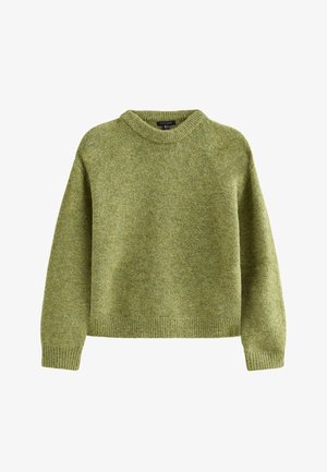 Groene gebreide trui met een relaxte pasvorm, ronde halslijn, geribbelde manchetten en zoom. Zachte textuur met een lichte gemêleerde patronen.