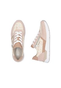 Sneaker rosa e beige con upper in tessuto intrecciato, lacci bianchi e chiusura con zip laterale; suola in gomma; dettagli lisci e testurizzati.