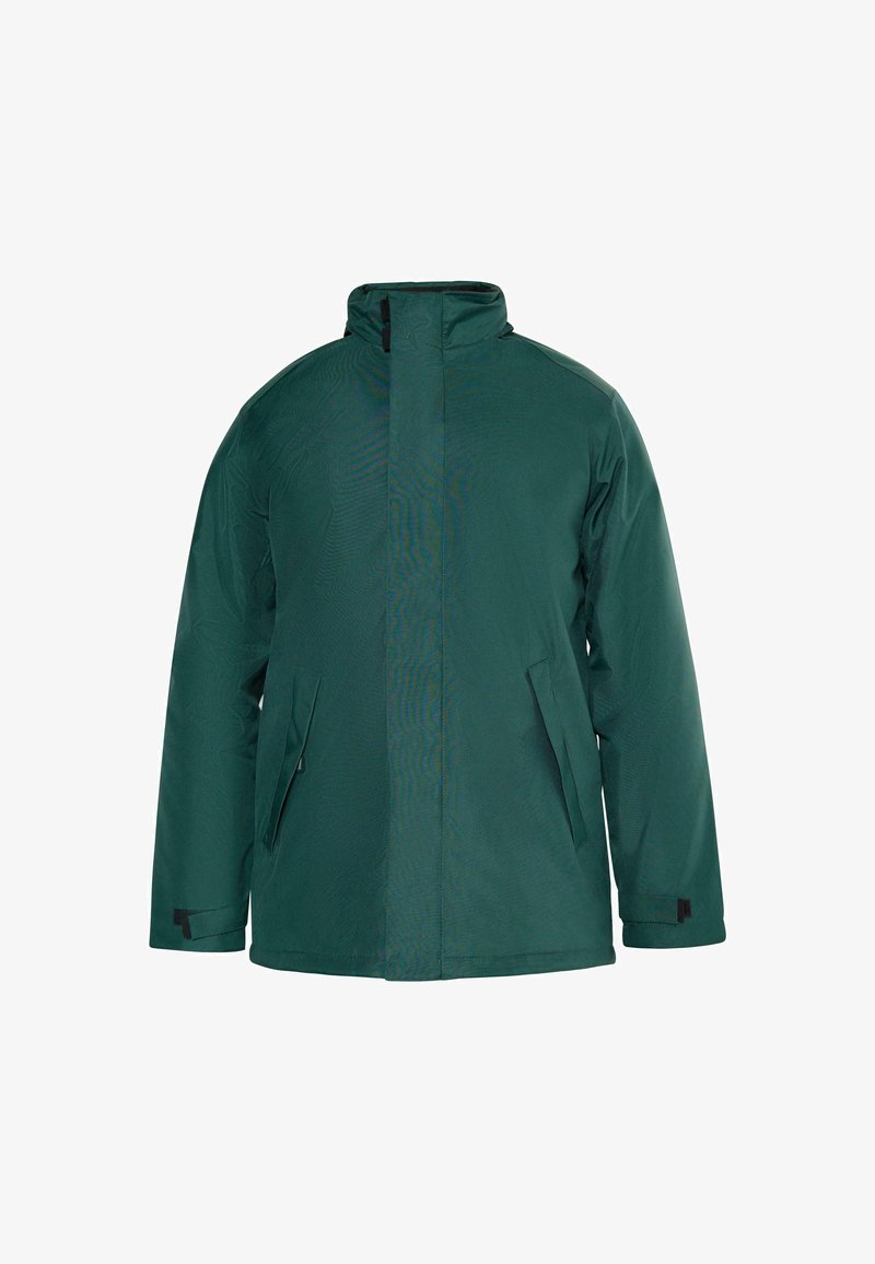 Tmavozelená zateplená bunda s vysokým golierom, predným zipsom zakrytým klopou a šikmými prednými vreckami, navrhnutá na chladné počasie.