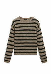 Sweter w paski wykonany z miękkiego materiału, z poziomymi czarnymi i beżowymi paskami, okrągłym dekoltem oraz długimi rękawami z ściągaczami.