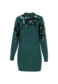 Abito maglione in teal con maniche lunghe, caratterizzato da paillettes nelle tonalità di verde e nero sulle spalle, e polsini e orlo a coste.