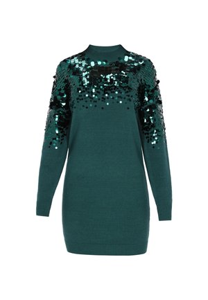 Teal gebreide sweaterjurk met lange mouwen, versierd met pailletten in schakeringen van groen en zwart op de schouders, en met geribde boorden en zoom.