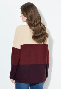 Frau mit langen, welligen braunen Haaren, die einen farblich abgestimmten Pullover in Beige, Rot und Dunkelviolett sowie blaue Jeans trägt und nach links vor einem weißen Hintergrund blickt.