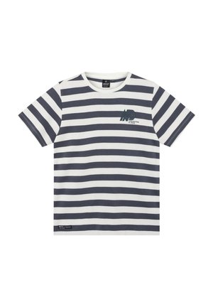 Gestreiftes T-Shirt mit marineblauen und weißen horizontalen Streifen, einem runden Halsausschnitt, kurzen Ärmeln, einem kleinen Logo auf der Brust und einem Markenetikett.