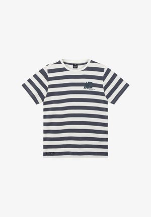 Gestreept T-shirt met marineblauwe en witte horizontale strepen, een ronde hals, korte mouwen, met een klein logo op de borst en een merkembleem.