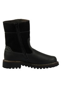 Bottines en cuir noir et daim avec une fermeture éclair sur le côté, semelle robuste et coutures contrastées. Design fonctionnel et solide.