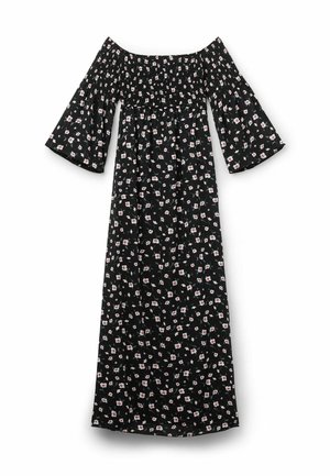 Vestido negro con escote hombros al aire y mangas cortas acampanadas; presenta un corsé fruncido y un patrón floral en rosa claro y verde.