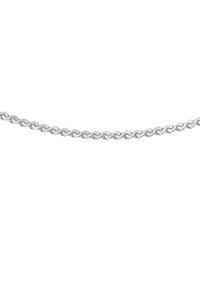Silberne Metallkette mit miteinander verbundenen Gliedern, die eine glatte, polierte Oberfläche und eine einheitliche, runde Form aufweist. Eignet sich für verschiedene Stile.