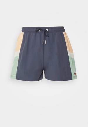 Șorturi de înot marine cu talie elastică și șnur. Prezintă dungi diagonale de culoare bej deschis și mentă pe laterale. Material neted, ușor.