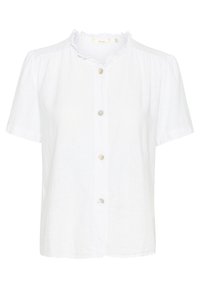 Blusa bianca a maniche corte con colletto arricciato, cinque bottoni e vestibilità comoda. Realizzata in un tessuto leggero e strutturato.