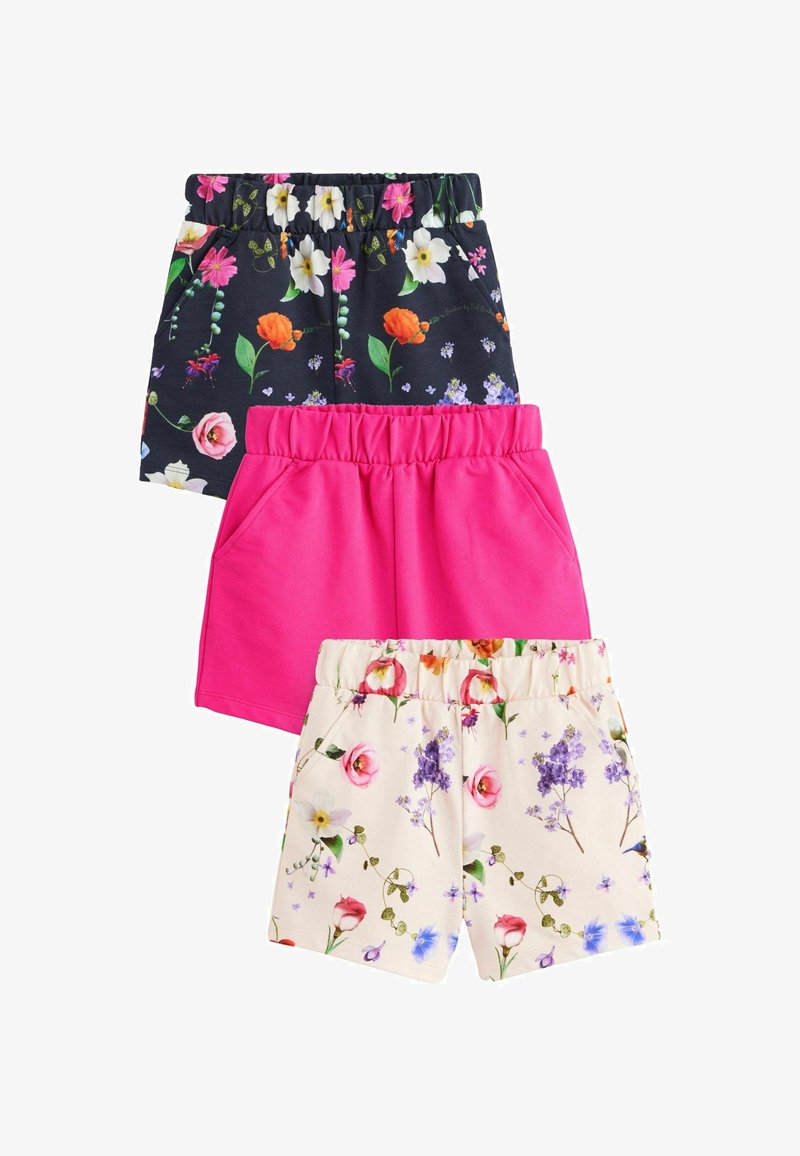 Drei Shorts: schwarz mit Blumenmuster, leuchtend pink und cremefarben mit floralen Mustern. Alle verfügen über einen elastischen Taillenbund und unterschiedliche Blumenmuster.