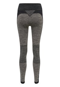 Leggings a vita alta in tessuto grigio testurizzato, con dettagli in rete nera e un'apertura a forma triangolare sul retro per la ventilazione.