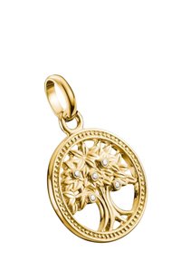 Goldener Lebensbaum-Anhänger mit filigranen Blättern und fünf kleinen, runden Steinen. Runder Rahmen mit Perlenakzenten.