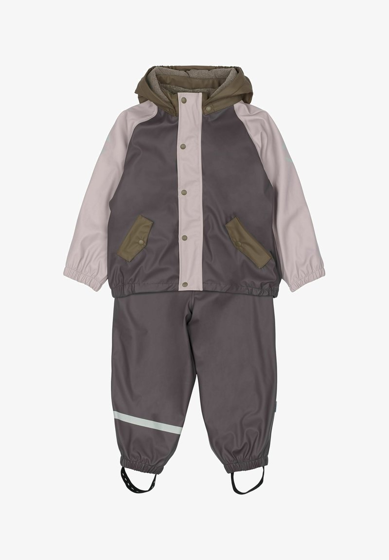 Wodoodporny zestaw odzieży wierzchniej w ciemnoszarym i jasnoróżowym kolorze, z kapturem, zapięciem na napy, dwoma przednimi kieszeniami oraz odblaskowymi akcentami na spodniach.