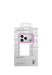 Różowe etui z ramką na iPhone 17 Pro Max, z teksturowanym falistym brzegiem, ochronnymi materiałami z recyklingu i przezroczystym tyłem.