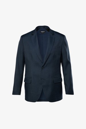 Mørkeblå enkeltknappet herreblazer med notching revers, to frontklaplommer, en brystlomme og lukning med en knap.