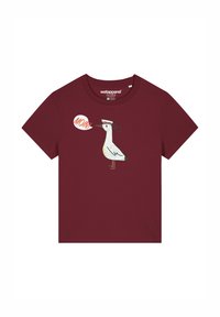 Bordeauxfarbene Baumwoll-T-Shirt mit einem Grafikmotiv eines Vogels, der eine Sprechblase mit der Aufschrift "MAMA" hat. Der Vogel hat einen weißen Körper und gemusterte Akzente.