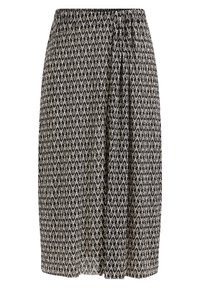 Black and white patterned skirt with an elastic waistband, featuring a flowing design and intricate diamond shapes throughout.