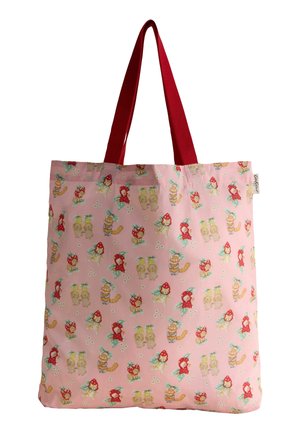 Geantă din material roz cu mânere roșii, decorată cu personaje animale jucăușe care poartă costume de fructe și flori.