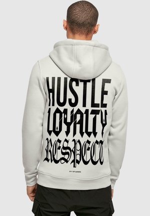 Hooded sweatshirt in light gray with black text: "HUSTLE LOYALTY RESPECT." Features a soft texture and sturdy fit, with ribbed cuffs.
