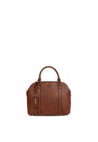 Borsa a mano in pelle marrone con parte superiore arrotondata, doppi manici e hardware dorato. Presenta una sottile texture, cuciture verticali e un dettaglio con etichetta per bagagli.