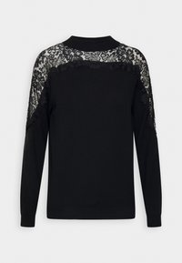 Schwarzer Pullover mit langen Ärmeln, Rundhalsausschnitt und filigranen schwarzen Spitzenverzierungen an der Schulter und im oberen Rücken.