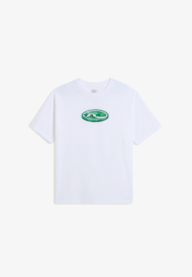 Hvid kortærmet t-shirt med grønt ovalt Vans-logo centreret på brystet, vist på en helt hvid baggrund.