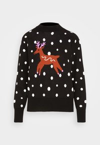 Maglione nero con pois bianchi, caratterizzato da un design lavorato a maglia di una renna marrone con corna rosa e dettagli bianchi. Collo a giro, maniche lunghe.