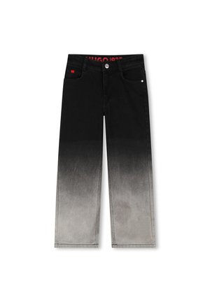 Straight-fit jeans met een zwart-grijze verloop, vooraan knoop, riemlussen en een ontwerp met vijf zakken, plat liggend op een witte achtergrond.