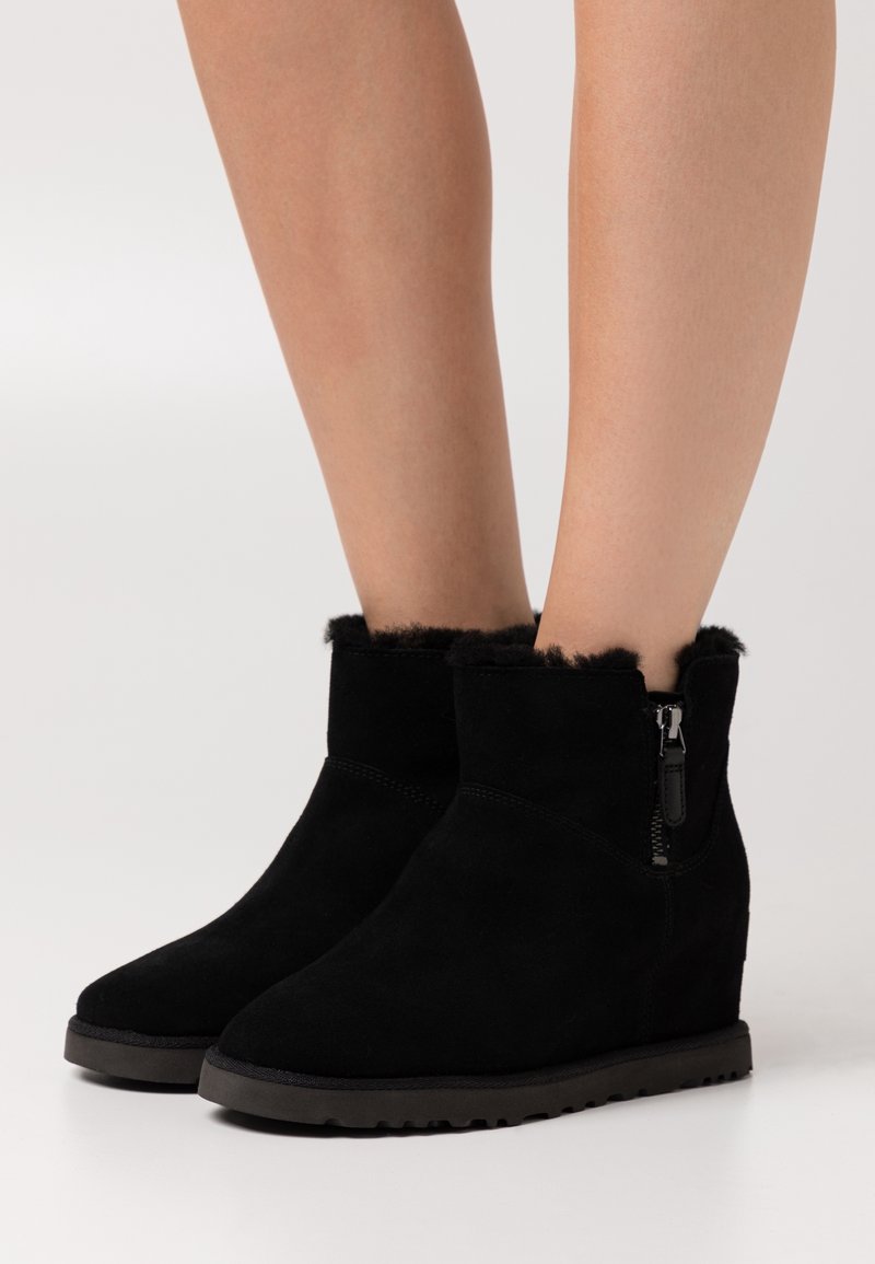 Bottines en daim noir avec semelles compensées et doublure en fourrure portées sur des jambes nues, avec fermetures éclair latérales pour la fermeture.