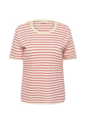 Majica kratkih rukava krem boje s vodoravnim ružičastim prugama i okruglim izrezom, prikazana na bijeloj pozadini.