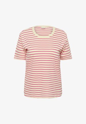 Krém színű, rövid ujjú póló vízszintes rózsaszín csíkokkal és kerek nyakkivágással, fehér háttér előtt bemutatva.