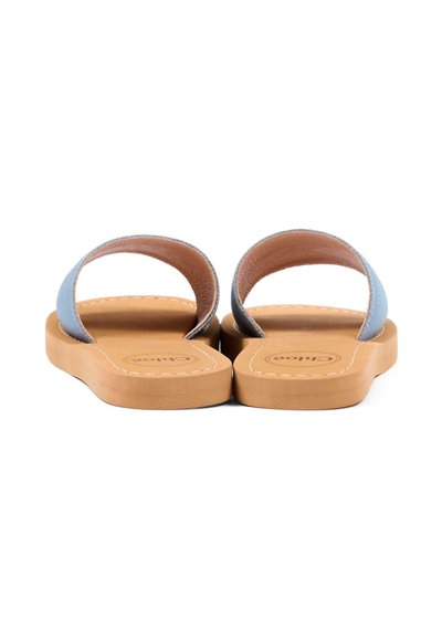 Para płaskich sandałów z jasnobrązowymi podeszwami i jasnoniebieskimi skórzanymi paskami, widzianych od tyłu na białym tle.