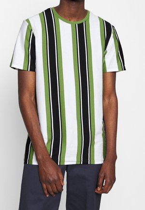 Men's short-sleeve T-shirt featuring vertical stripes in green, black, and white, with a round neckline and a lightweight cotton fabric.