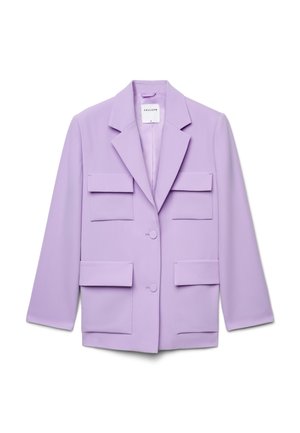 Blazer lilac da donna con rever a incavo, bottoni doppiopetto e quattro tasche con patta frontali, taglia piccola di Calliope.