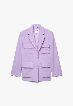 Blazer lilac da donna con rever a incavo, bottoni doppiopetto e quattro tasche con patta frontali, taglia piccola di Calliope.