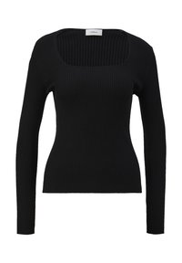 Top negro de manga larga con manga acanalada y escote cuadrado. Textura suave con silueta ajustada. Etiqueta de la marca visible en el escote.