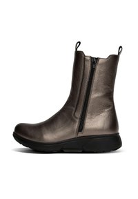 Middenhoge metallic bruin leren laars met een zwarte rits aan de zijkant, zwarte zool en aantrek-lussen aan de bovenkant voor- en achteraan.