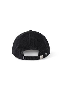 Black denim cap with a curved brim, adjustable strap at the back, and two ventilation holes on each side. Textured fabric finish.