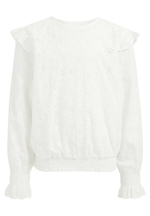 Biała bluzka z ażurowym wzorem, falbankami na ramionach, elastycznym dołem i mankietami. Wykonana z lekkiego materiału z delikatnymi kwiatowymi detalami.