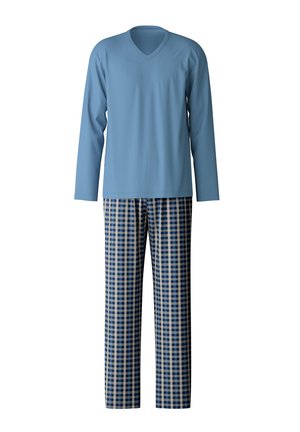 Blauw langemmouwen V-hals top gecombineerd met gestreepte pyjamabroek met blauwe en beige ruitjes. Zachte textuur, comfortabele pasvorm, casual ontwerp.