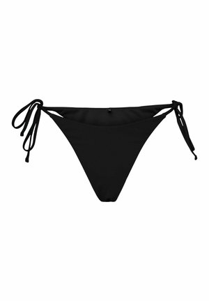 Zwarte bikinibroekje met zijsstrikken, driehoekig voorpand en gladde stof op een witte achtergrond.