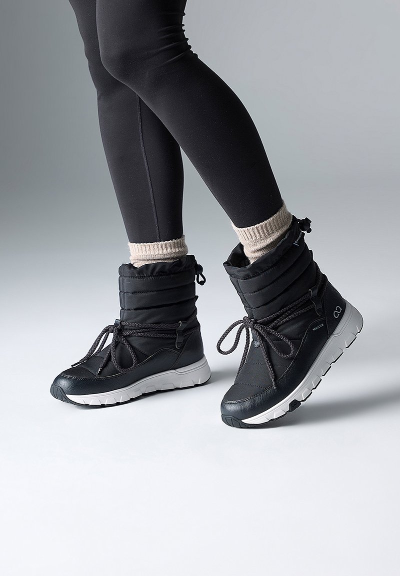 Bottes noires imperméables avec un dessus matelassé, des détails de laçage et une semelle en caoutchouc blanche. Portées avec des leggings noirs et des chaussettes de couleur claire.