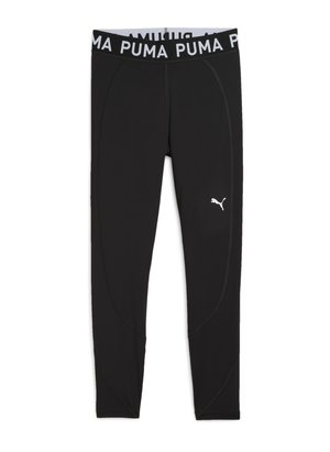 Zwarte sportleggingen met een getailleerd ontwerp, voorzien van een brede elastische tailleband met "PUMA" in witte letters en een klein wit logo op het been.